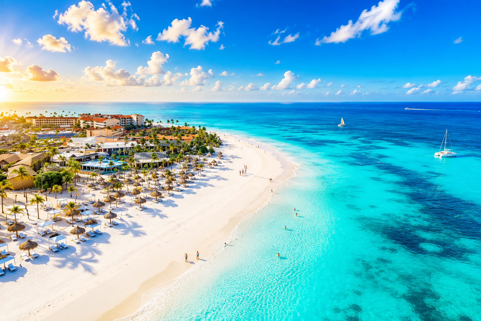 Aerial view of Aruba's white sand beach, turquoise water, and coastline at golden hour